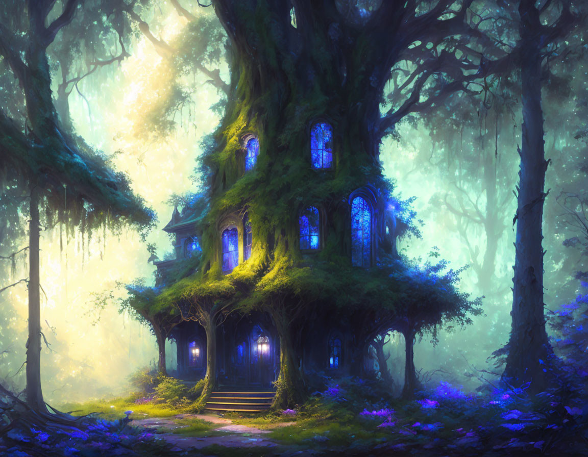 Enchanting treehouse with glowing blue windows in ethereal forest