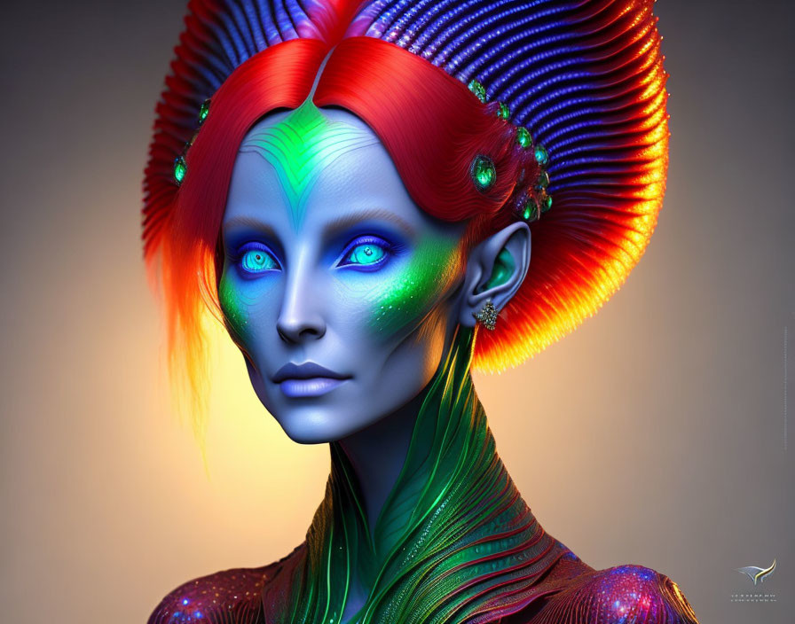 Colorful digital portrait of woman with multicolored skin and elaborate headdress