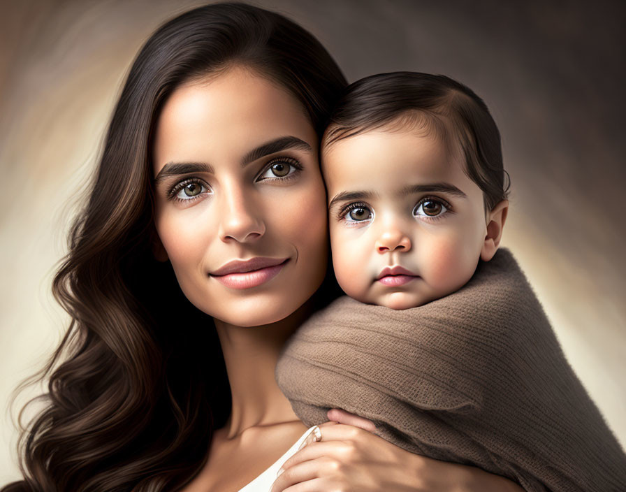 Portrait of woman with long, wavy hair smiling gently holding young child.