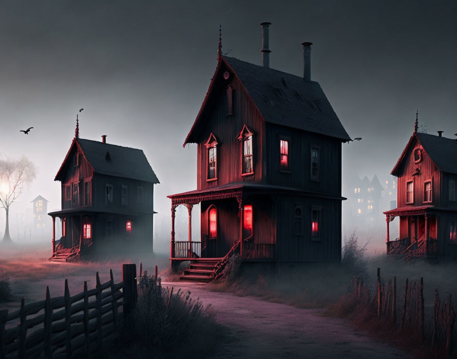 Victorian-style houses under red lights on foggy night with bird and town silhouette.