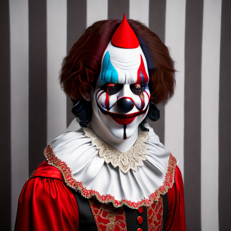 Colorful clown costume against striped background