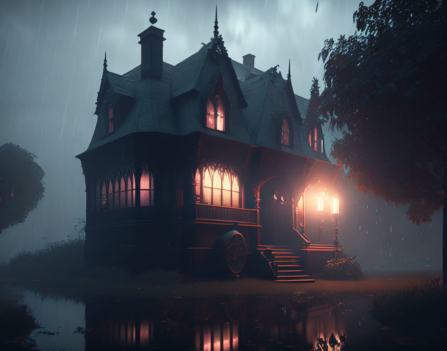 Victorian house with illuminated windows reflected in water at night during heavy rain