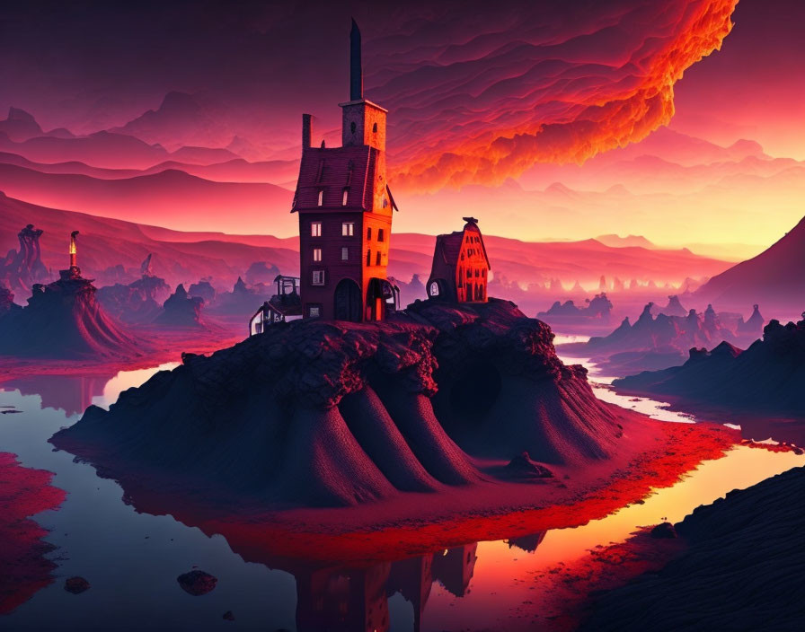 Surreal landscape with central house, fiery sky, and red waters