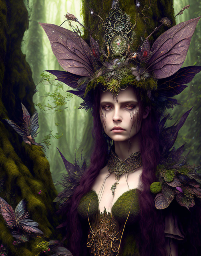 Fantasy figure with leafy headdress and purple eyes in mystical forest.