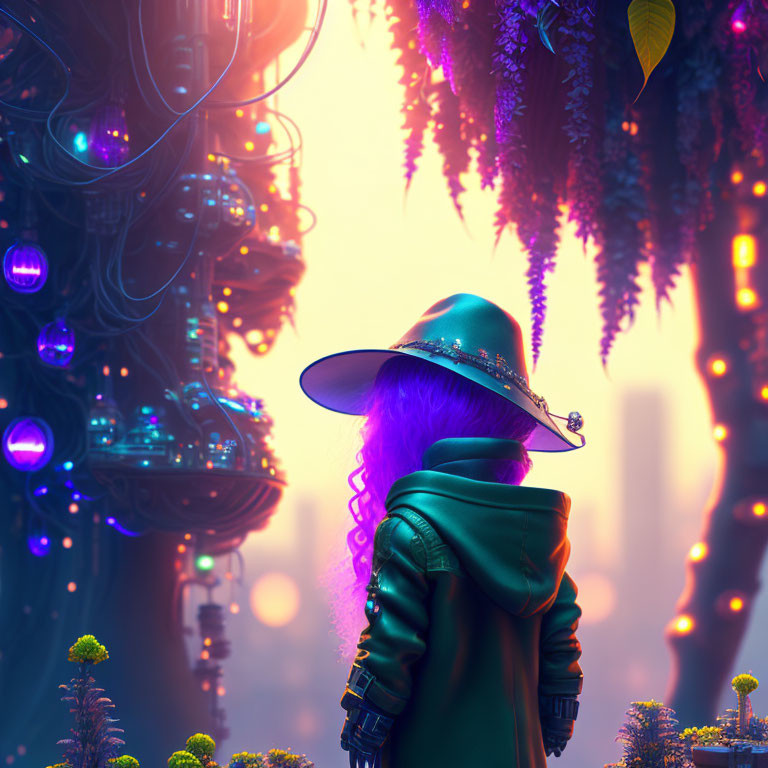 Purple-haired person in wide-brim hat gazes at neon futuristic cityscape