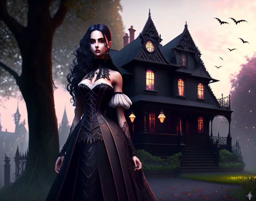 Gothic woman in Victorian dress by spooky house with bats and bare trees