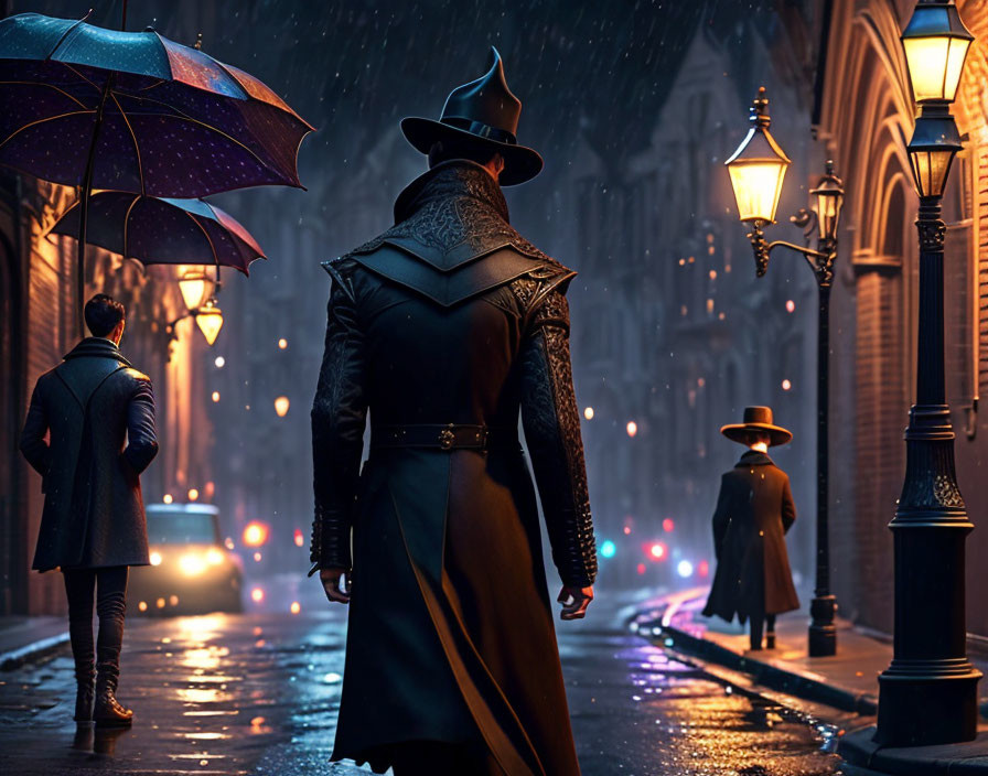 Mysterious figure in trench coat and hat on rainy, lamplit street