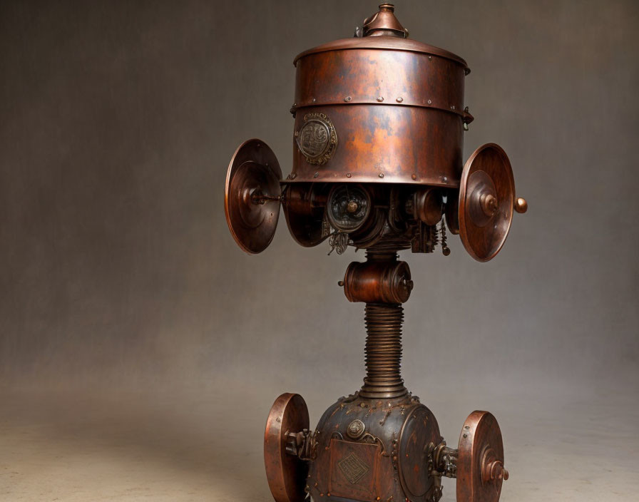 Vintage-Style Copper Robot with Cylindrical Head and Kitchen Pot Body Parts