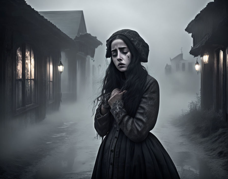 Melancholic woman in vintage clothing in foggy village street.