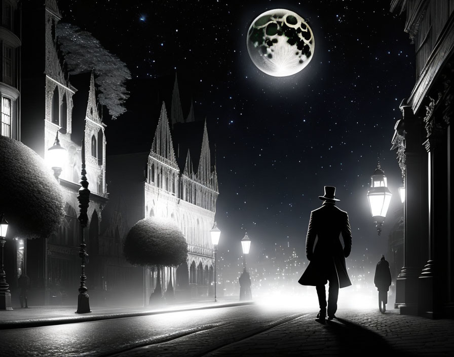 Silhouetted Figure on Foggy Night Street with Detailed Moon