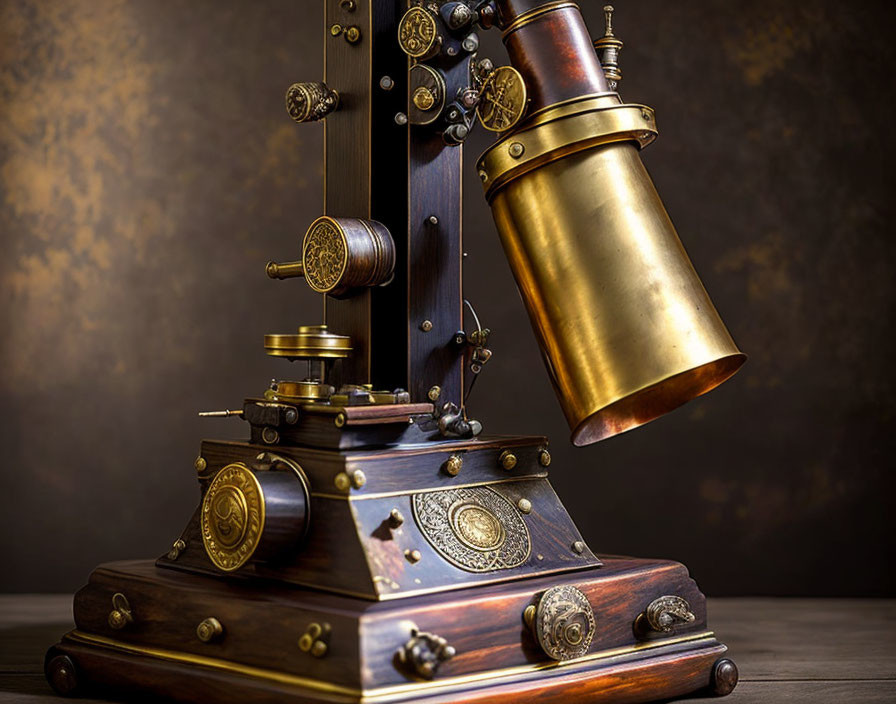 Vintage Brass and Wood Microscope on Textured Brown Background