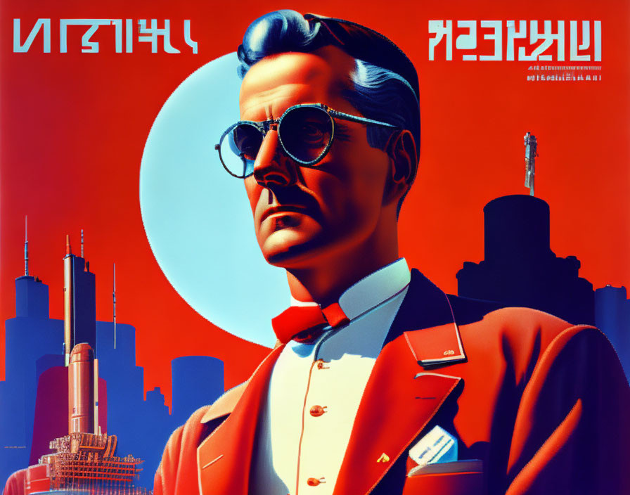 Stylized propaganda poster with man in red uniform, cityscape, sun, and rocket