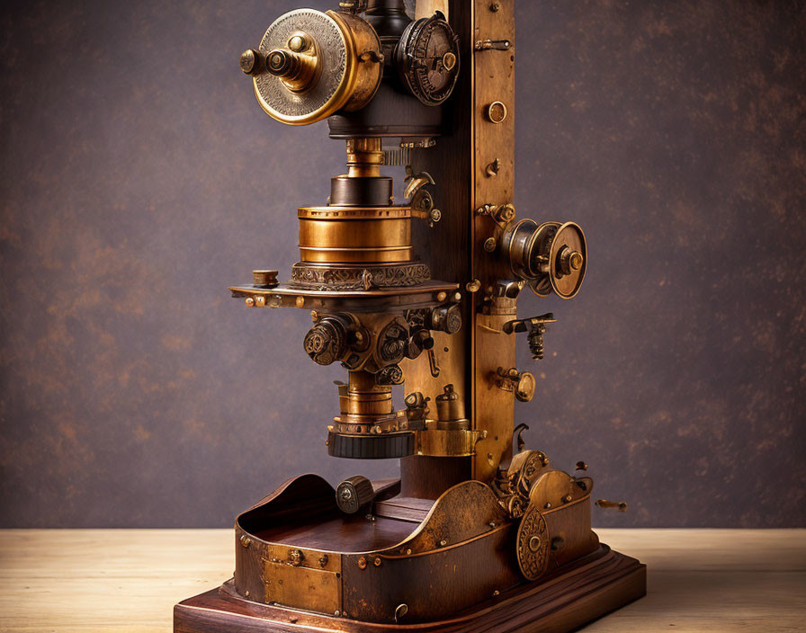 Vintage Brass Microscope with Gears on Wooden Base