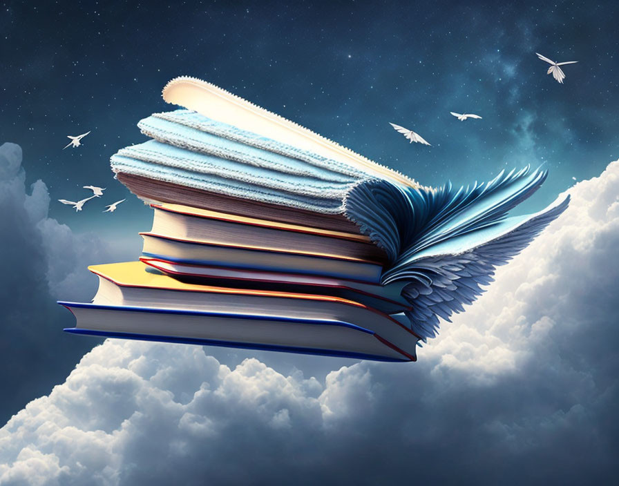 Books with wings flying in starry sky among clouds and birds