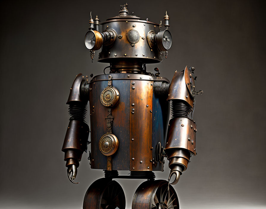 Steampunk-style vintage robot with intricate metalwork on wheeled legs