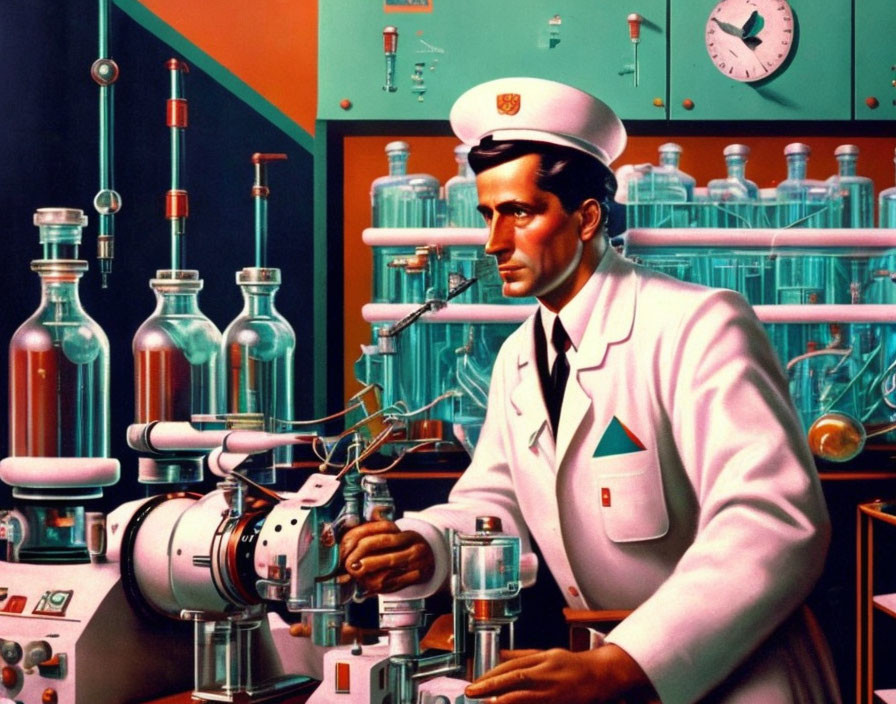 Scientist in white uniform conducting experiment with lab equipment and glassware.