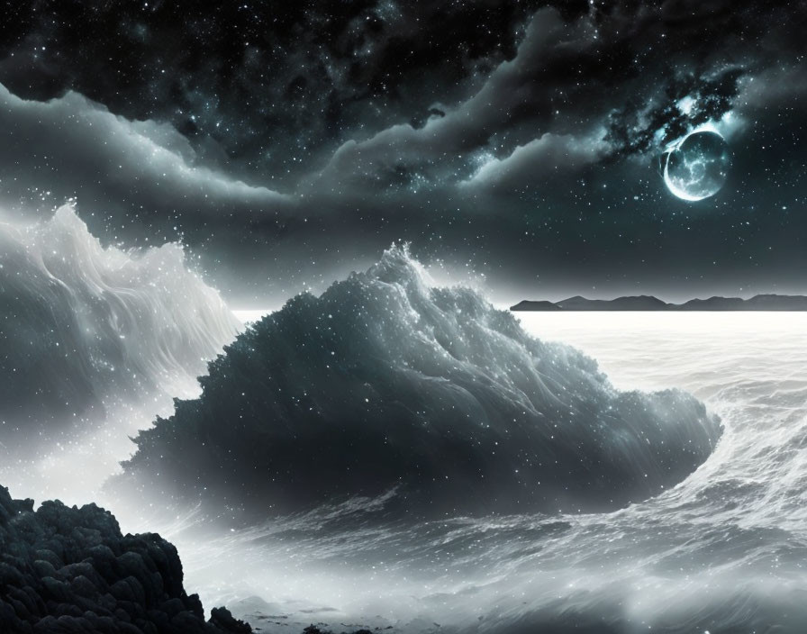 Giant wave under night sky with stars, crescent moon, and dark rocks