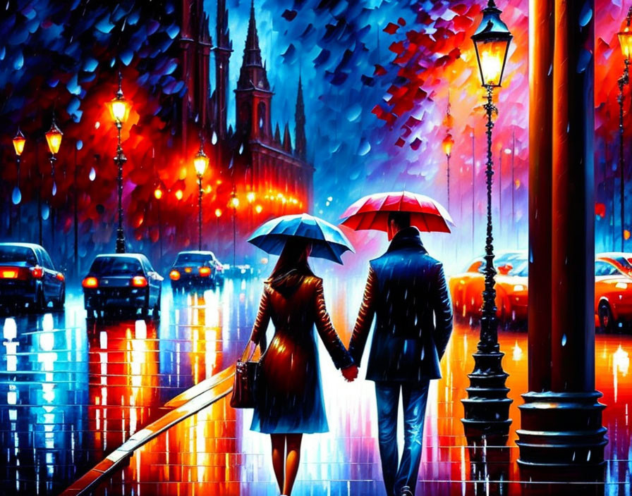 Colorful Painting: Couple with Umbrella in Rainy City Street