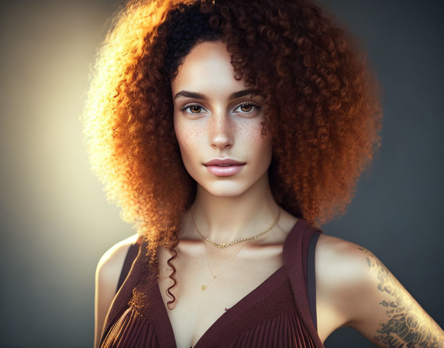 Portrait of a Woman with Curly Red Hair, Freckles, Brown Eyes, Brown Top,