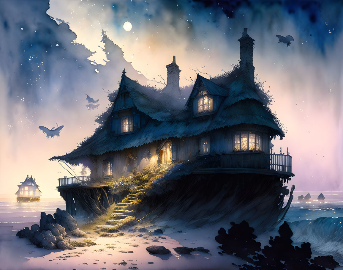 Whimsical illuminated house on clifftop under full moon