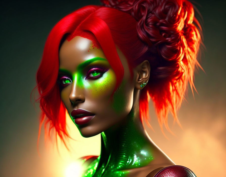 Colorful digital portrait of woman with green skin, red hair, and neon makeup against dark backdrop