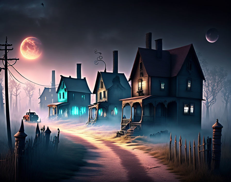 Eerie Victorian houses with blue glows, crimson moon in misty nocturnal scene