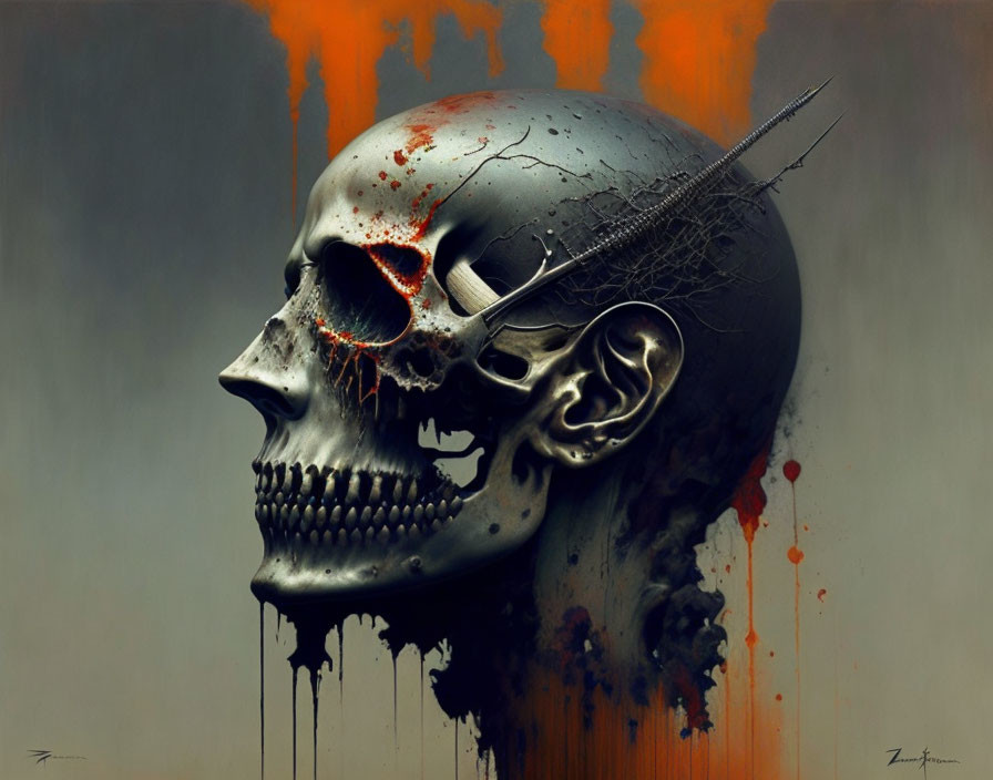 Dark digital artwork: human skull with blood streaks, smoky background