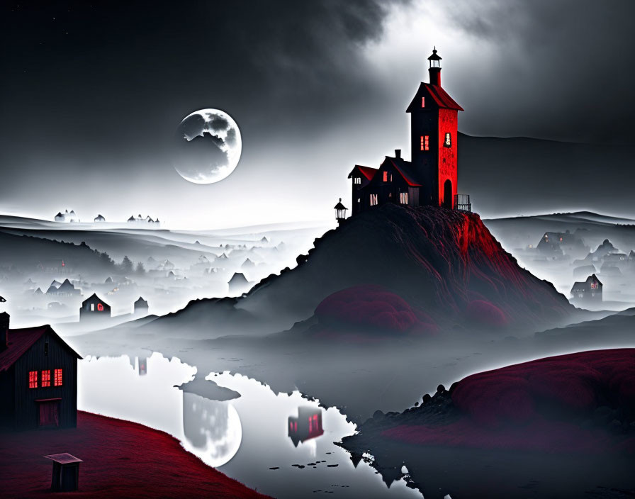 Surreal red lighthouse in nocturnal landscape