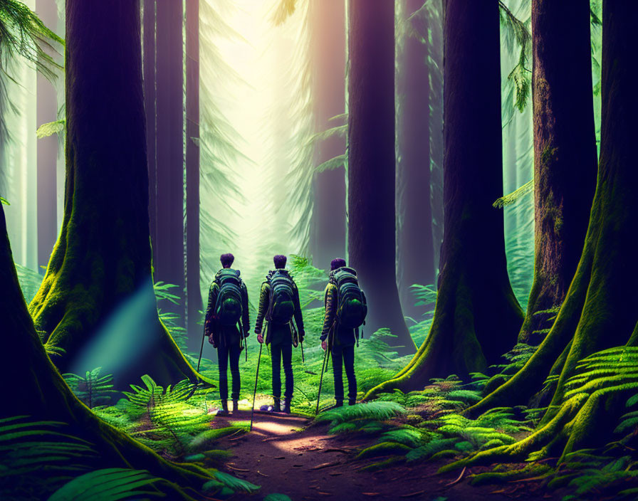 Three hikers in lush forest with tall trees and ferns.