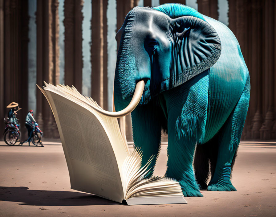 Teal elephant reading book in columned hall with passing cyclists