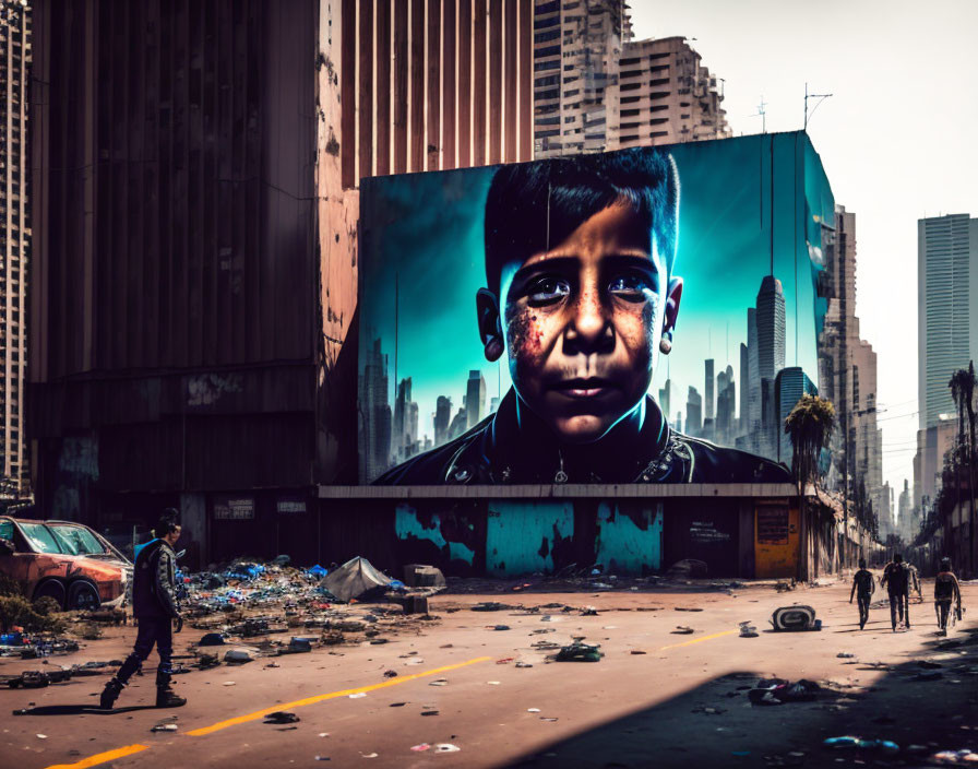 Man walking past urban street with derelict cars and billboard featuring child's face