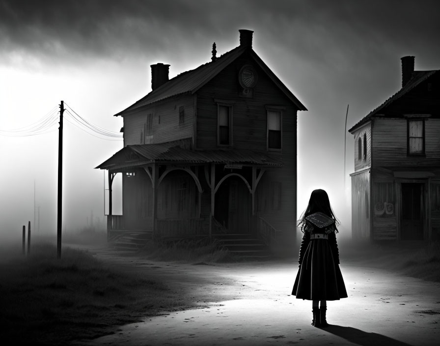 Solitary Figure in Front of Eerie House on Desolate Street