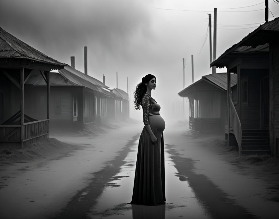 Pregnant woman in profile on misty street with wooden buildings