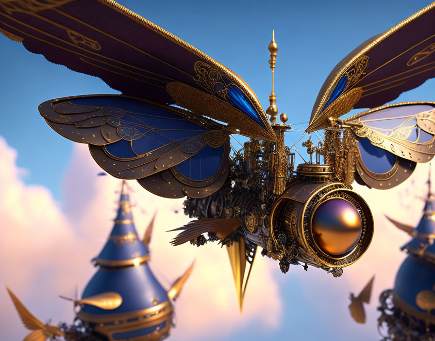 Steampunk mechanical butterfly with gears and metallic structures against whimsical towers and blue sky