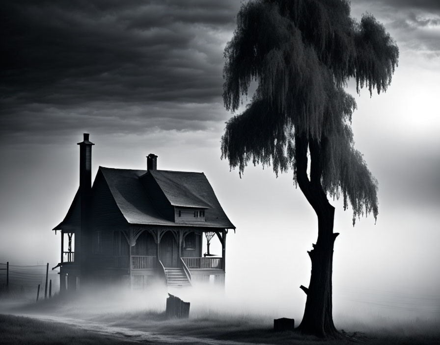 Old house under weeping willow in foggy, monochromatic setting