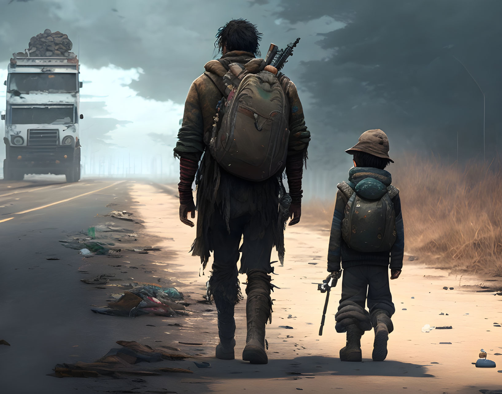 Post-apocalyptic scene: Two individuals walking with backpacks and weapons on a deserted road with debris and