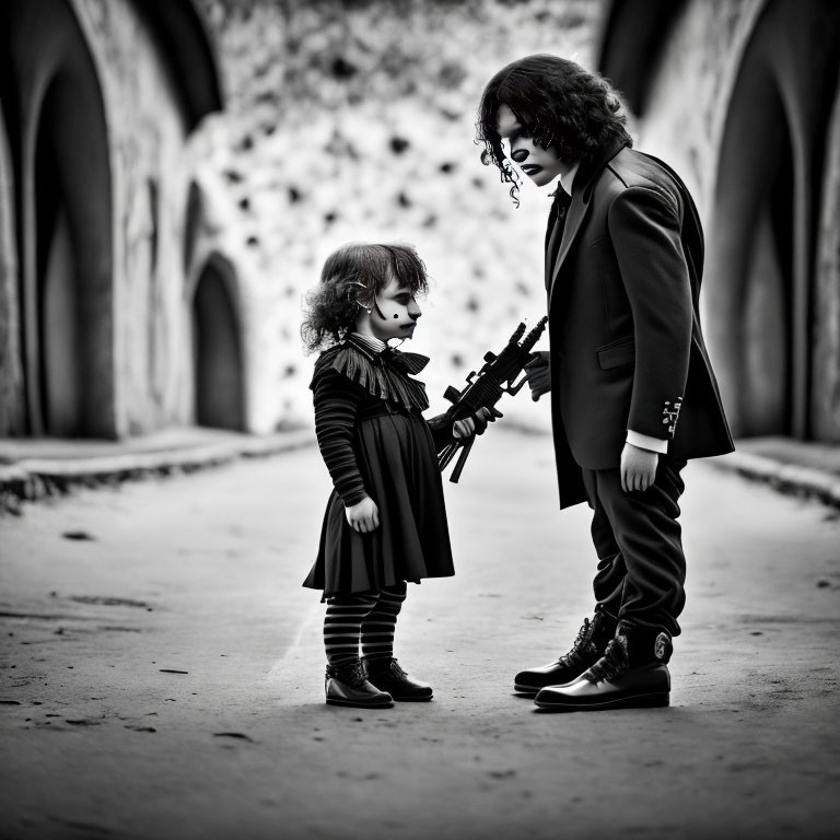 Children in gothic attire with violin in corridor creating moody scene