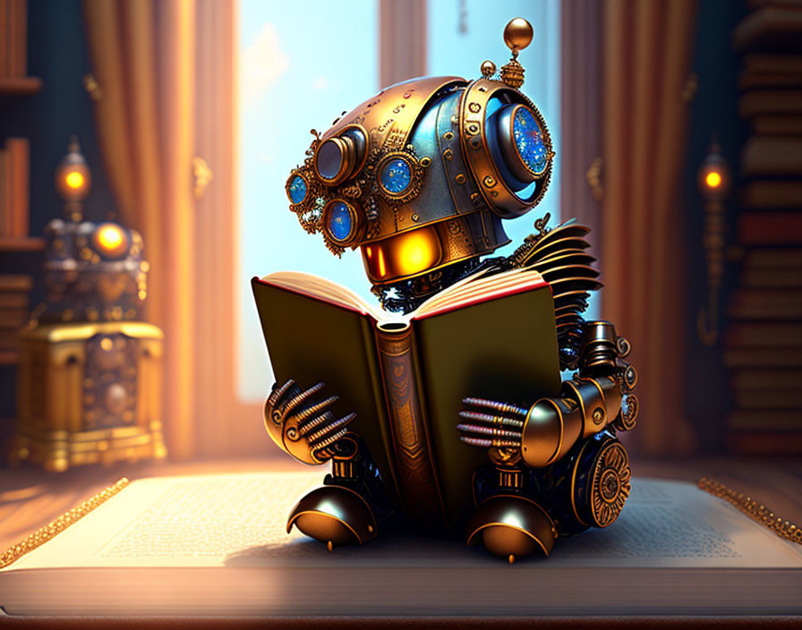 Steampunk-style robot reading book in candlelit room