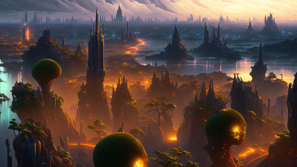 Futuristic dusk landscape with towering spires and glowing pathways