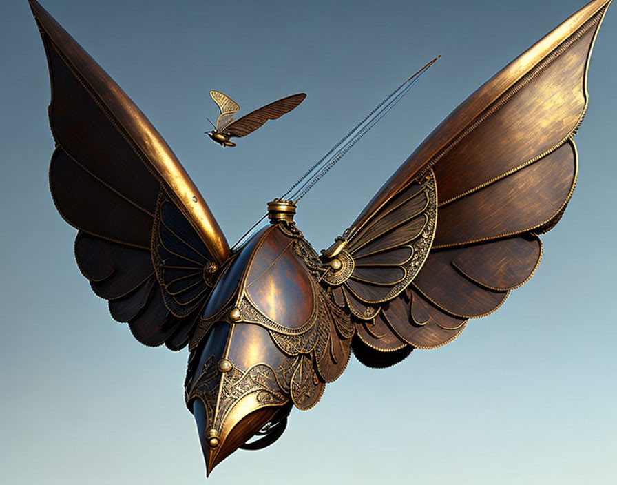 Intricate steampunk mechanical bird with bronze wings flying in clear sky