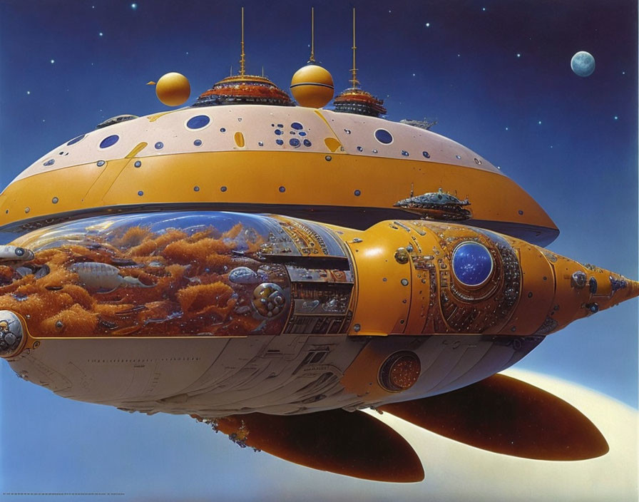 Detailed Illustration: Large Yellow Futuristic Spaceship in Space