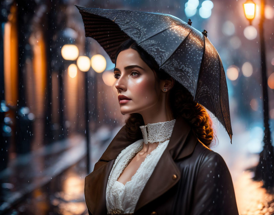 Woman with umbrella in vintage coat on snowy street under glowing lamps