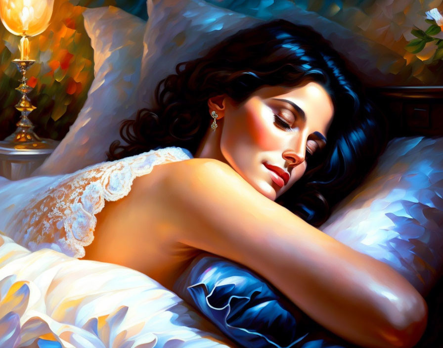 Stylized painting of woman with dark hair in warm light