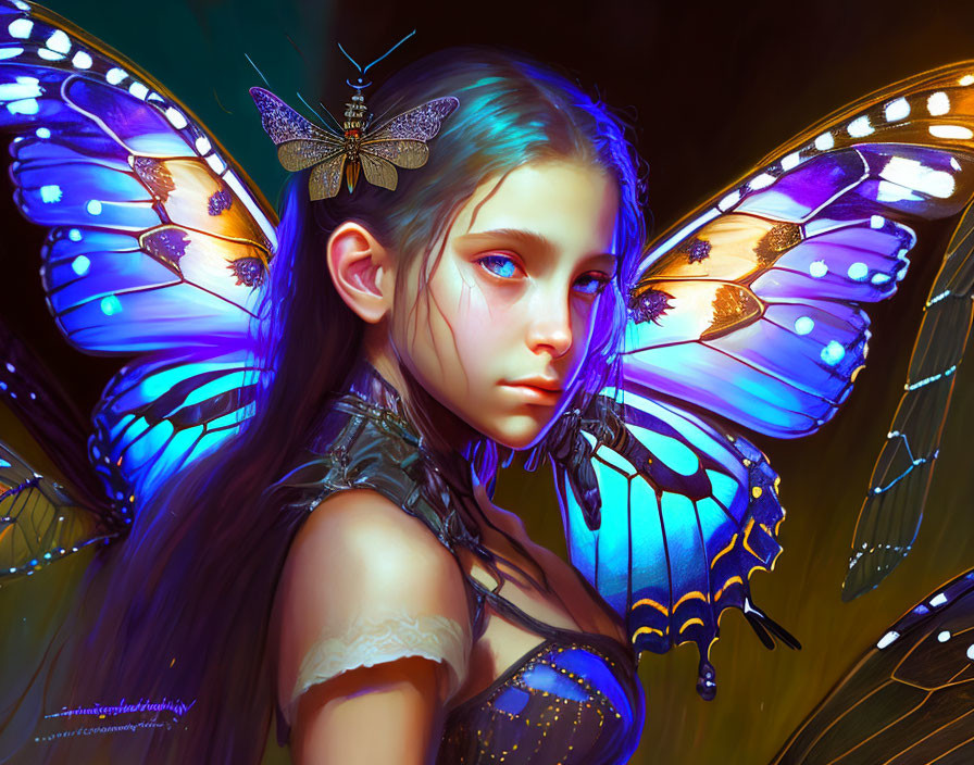 Digital art: Girl with butterfly wings and moth on head in warm background