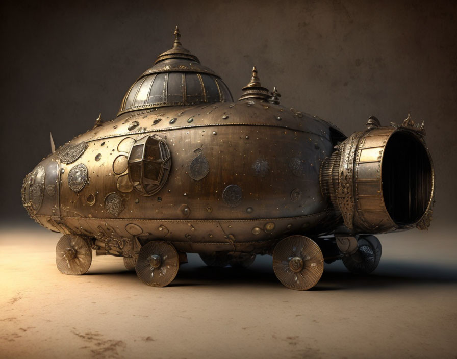 Steampunk-style submarine with riveted metal plates, round portholes, gears, and prop