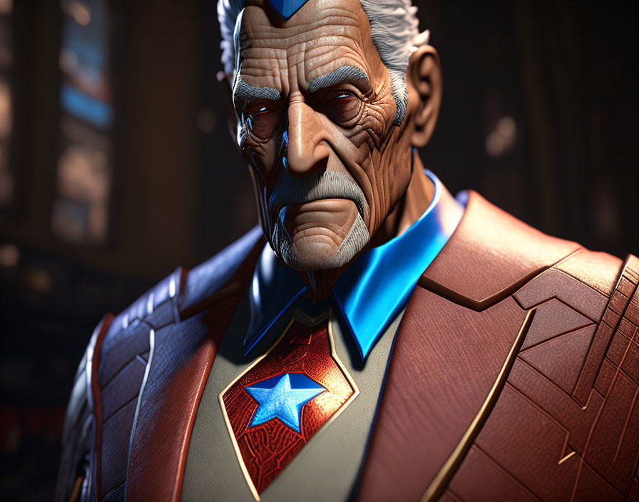 Elderly superhero in red and brown suit with blue cape and star emblem