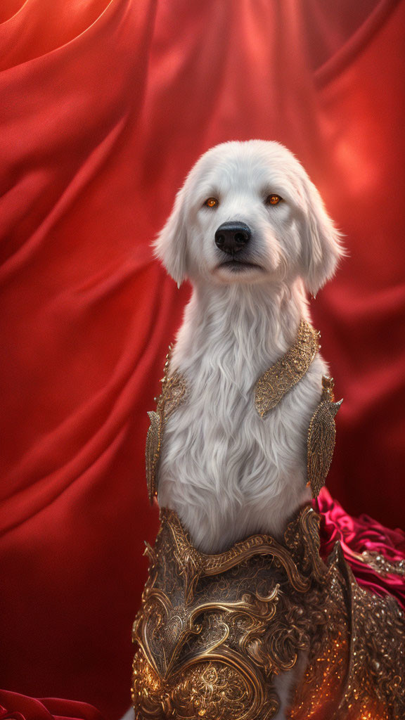 Regal White Dog in Gold-Embellished Costume on Red Draped Background