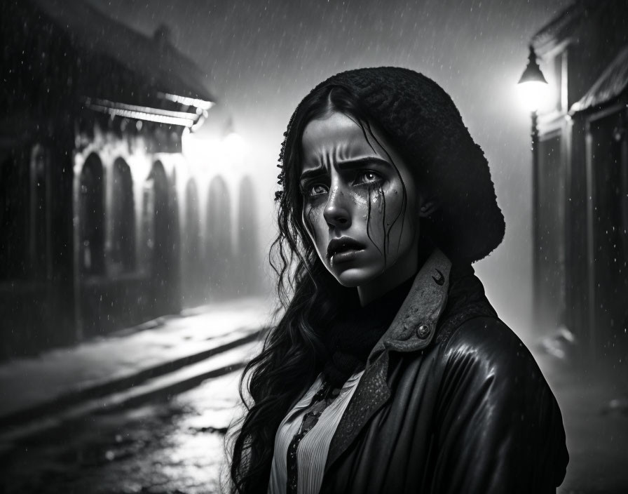 Young woman in hooded jacket standing in snow-covered street at night