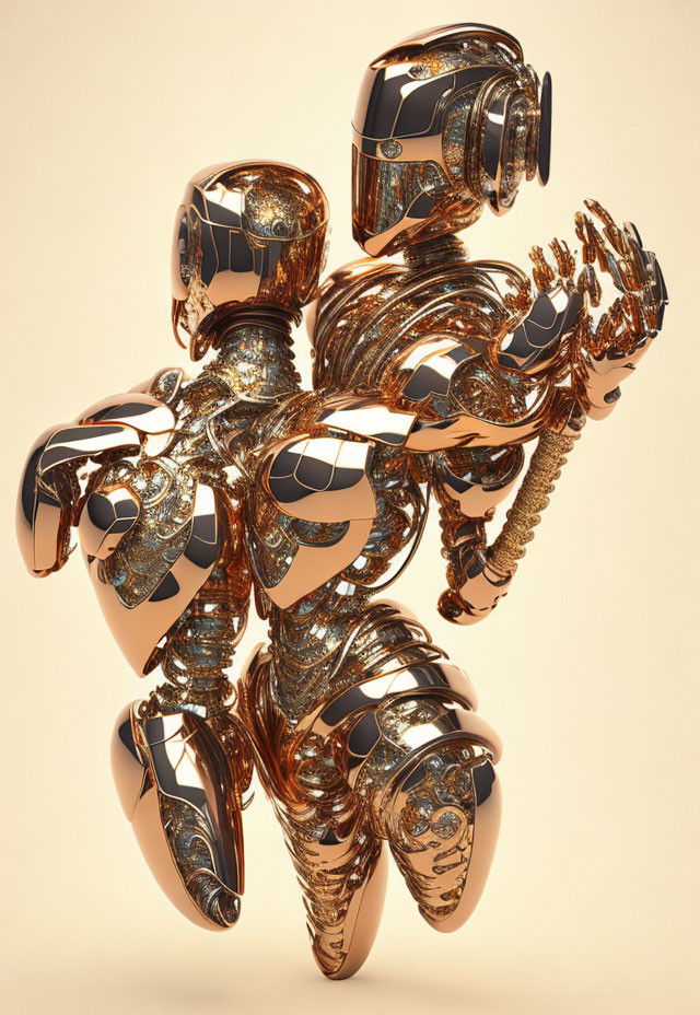 Reflective golden robotic figure in dynamic pose on warm backdrop