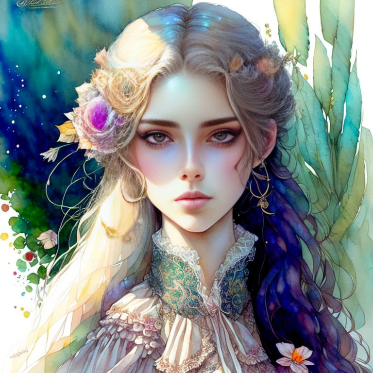 Illustrated portrait of woman with captivating blue eyes and floral hair adornment.